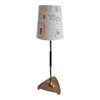 Vintage Table Lamp with Vinyl-Covered Brass Frame and Patterned Fabric Shade, 1960s For Sale