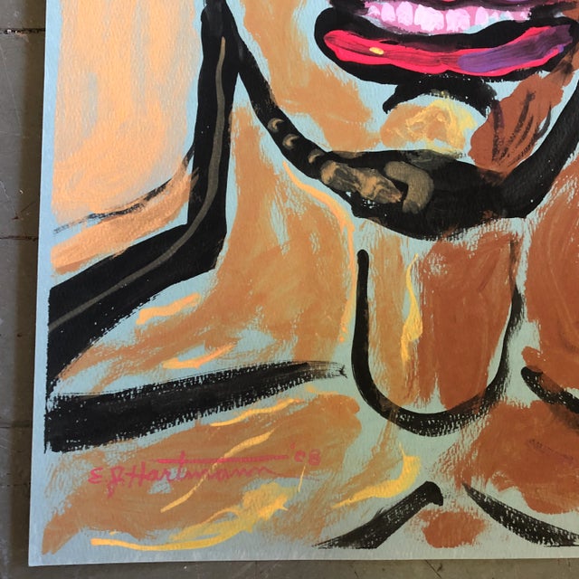 Original painting on blue paper signed bottom left 12.5 x 19 unframed gold metallic paint is the background