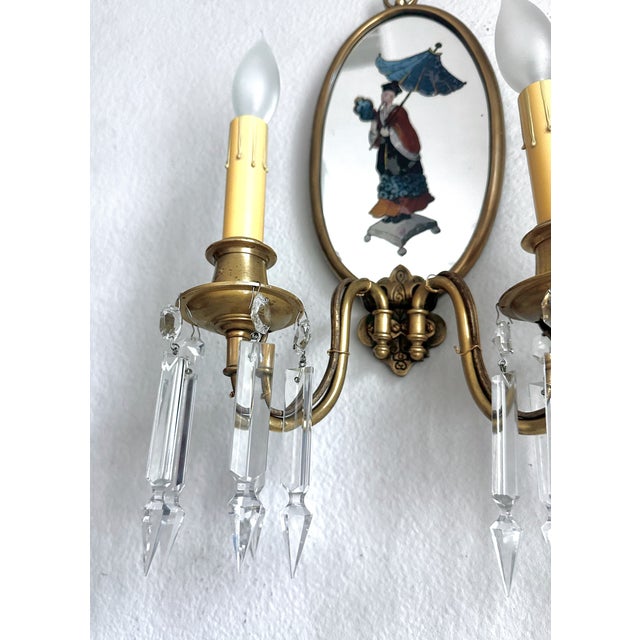 Gold Pair Chinoiserie Eglomise Mirrored Sconces - E F Caldwell For Sale - Image 8 of 16