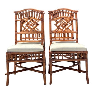 Vintage Coastal Lexington Carved Bamboo Dining Chairs - Set of 4 For Sale