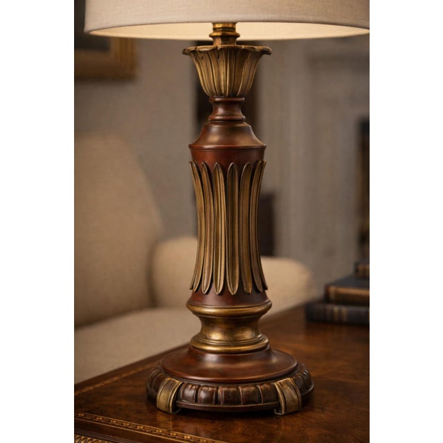 Transitional Vintage Fluted Column Table Lamp With Original Linen Shade For Sale - Image 3 of 5
