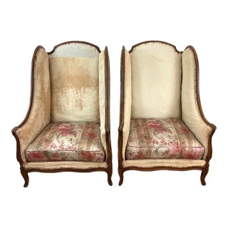 Antique Wood Frame Wing Back French Chairs, Pair For Sale