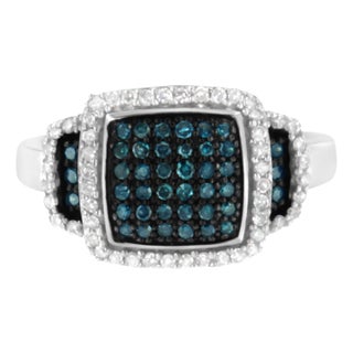 Black Rhodium Plated .925 Sterling Silver 1/2 Cttw White & Blue Diamond Square Halo Cocktail Ring - SIze 6 For Sale