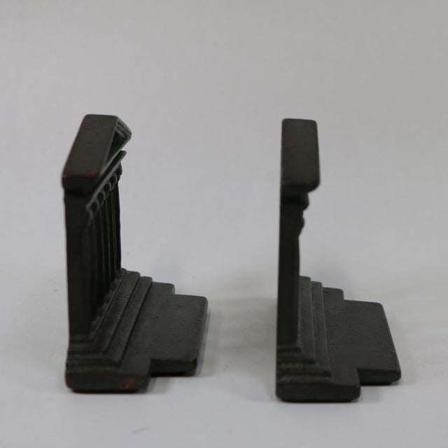 Vintage Solid Cast Iron Parthenon Greek Roman Temple Column Bookends With Faux Green Patina For Sale In Cincinnati - Image 6 of 11