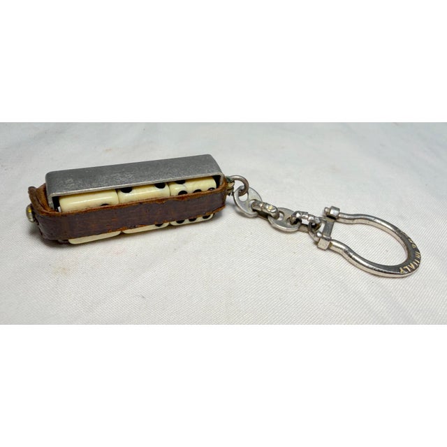 Antique Leather Metal 3 Celluloid Dice Box Holder Travel Carrier Keychain For Sale - Image 4 of 9