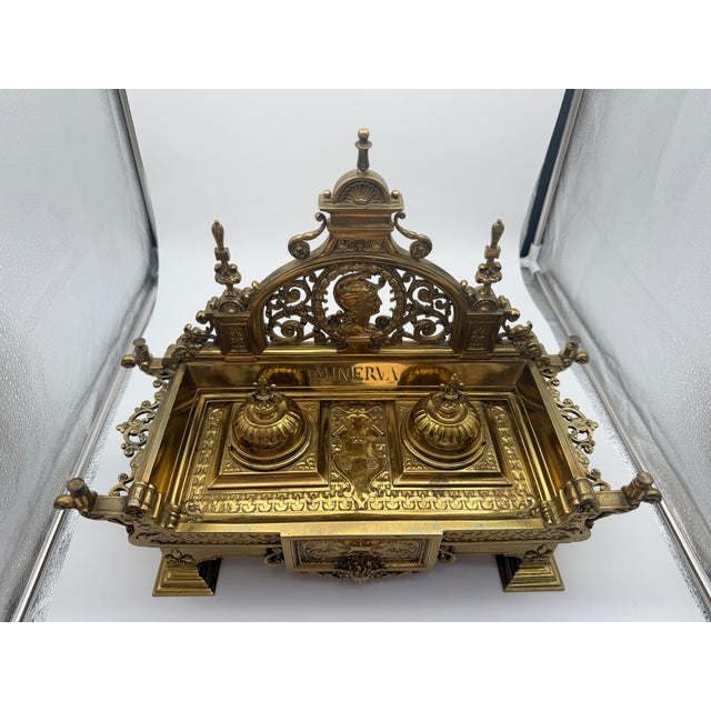 Late 19th Century Ornate Neoclassical Style Brass Double Inkwell Desk Set - "Minerva" & "Medusa" For Sale - Image 16 of 16