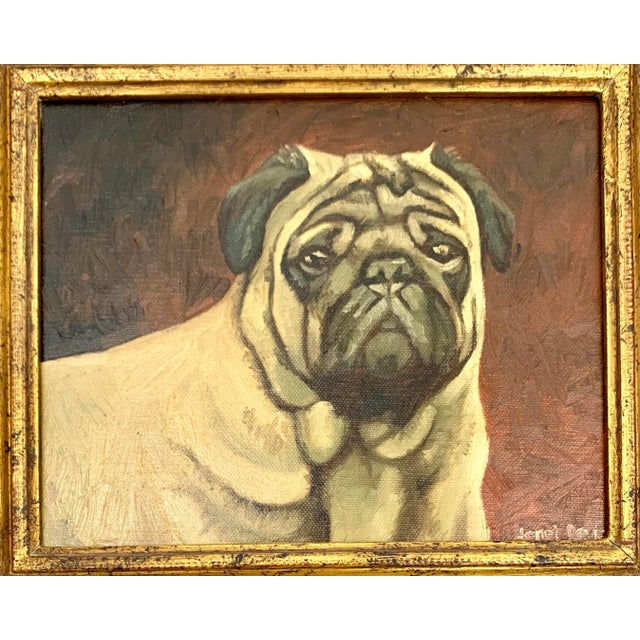 This unique vintage signed original medium-sized painting features a delightful pug dog in a golden leaf frame. The...