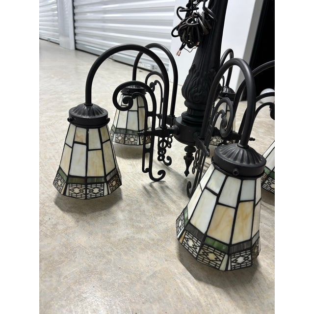 Vintage Arts & Crafts Tiffany Style Stained Glass 5 Arm Chandelier For Sale - Image 4 of 9