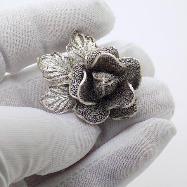 Elegant large vintage rose brooch, handcrafted in genoa, italy during the 1980s to 1990s in genuine continental silver...