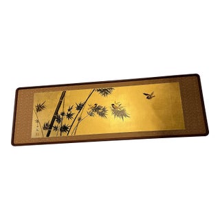 1970s Gold Asian Style Artwork Wall Hanging in Wooden Frame For Sale