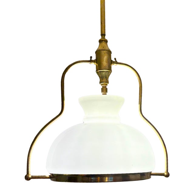 1950 French Mid-Century Brass & Opaline Glass Pendant Light For Sale - Image 6 of 7