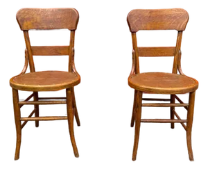 Early 20th Century Antique Art Deco Style Tiger Oak Bentwood Bistro Dining Side Chairs - Set of 2