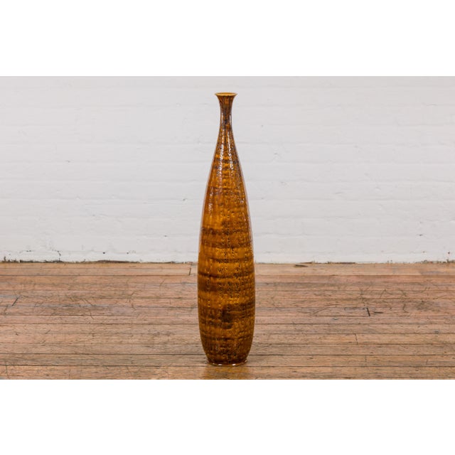 Textured Two-Tone Brown Tall Vase with Narrow Mouth, Elegant Home Decor For Sale - Image 4 of 12