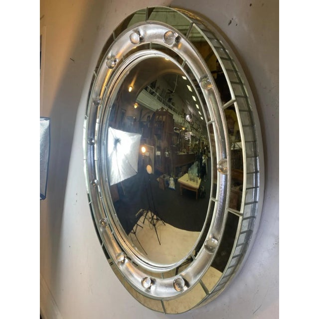 Serge Roche Exceptional Art Deco Round Silverleaf Convex Mirror With Mirrored and Glass Ball Frame For Sale - Image 4 of 10