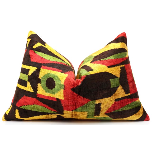 2020s Handmade Velvet Ikat Lumbar Pillow 16x24 | Multicolor Geometric For Sale - Image 5 of 7