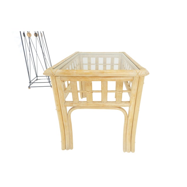 Pair of White Wash Pickle Finish Rattan Rectangle Glass Top End Side Tables MINT For Sale - Image 11 of 12