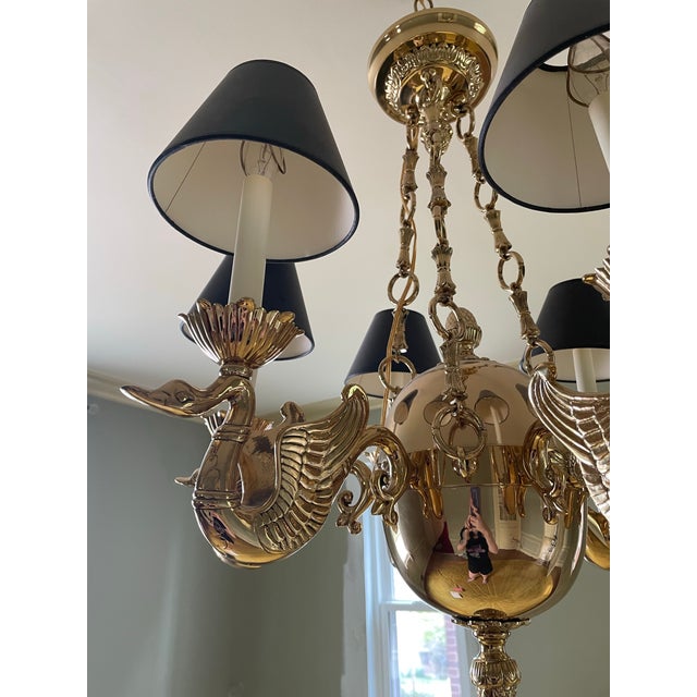 Traditional Vintage Solid Brass Swan Chandelier – 6‑Light – Empire Style – Excellent Condition For Sale - Image 3 of 6