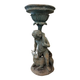 19th Century Neoclassical Style Bronze Garden Urn Featuring a Boy With a Goat For Sale