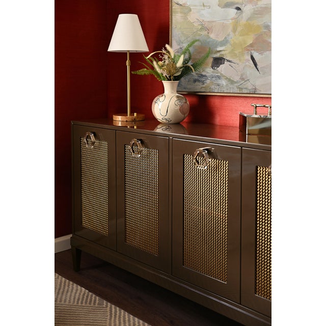Mid-Century Modern Matthew Izzo Home Marcella Glossy Chocolate Brown Four Door Buffet Cabinet With Brass Mesh Doors and Acrylic Door Pulls For Sale - Image 3 of 9
