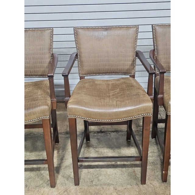 Late 20th Century Set of Four Hickory Chair Mahogany Alligator Pattern Leather Counter Stools For Sale In Cleveland - Image 6 of 11