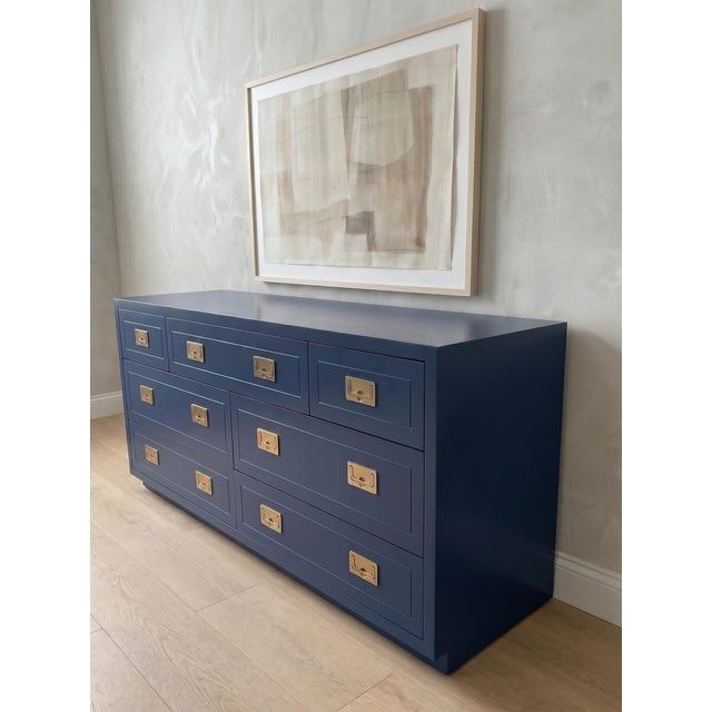 Henredon Vintage Henredon Campaign Dresser Credenza in Navy With Brass Hardware For Sale - Image 4 of 9