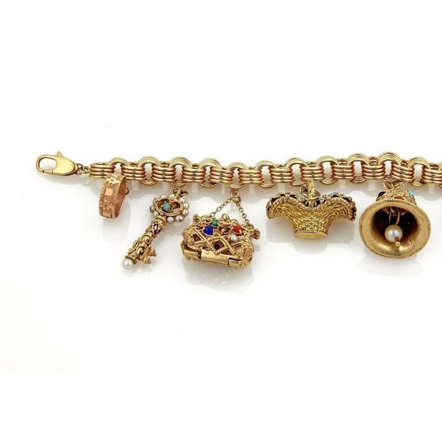 Contemporary Mid 20th Century Hefty Multicolor Gemstone 9 Charm 14k Yellow Gold Bracelet For Sale - Image 3 of 5
