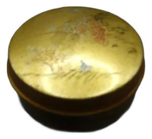 1920s Antique Chinese Ling King Anyukee Ware of Foo Chow Gold Gilt Lacquer Round Jewelry Box