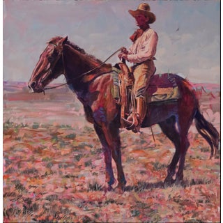 Sitting High by Jeff Slemons | Gouache On Watercolor Paper Horse and rider in a landscape setting For Sale