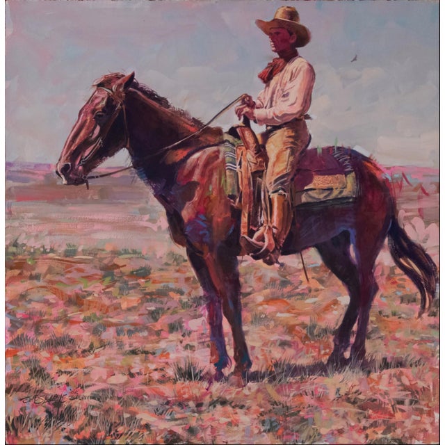 Sitting High by Jeff Slemons | Gouache On Watercolor Paper Horse and rider in a landscape setting For Sale