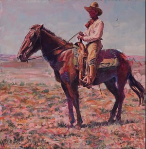 Sitting High by Jeff Slemons | Gouache On Watercolor Paper Horse and rider in a landscape setting