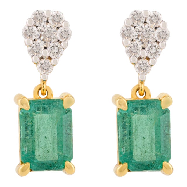 Portraiture 1.94ct Zambian Emerald Drop Earrings With Diamond Floral Top in 14k Gold- A Pair For Sale - Image 3 of 11