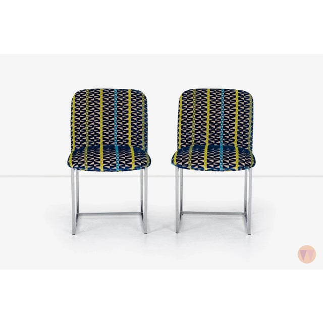 Set of 6 Dining chairs Newley upholstered with foam in Knoll textiles "Towergrid". Sculptural scoop chair with chrome...