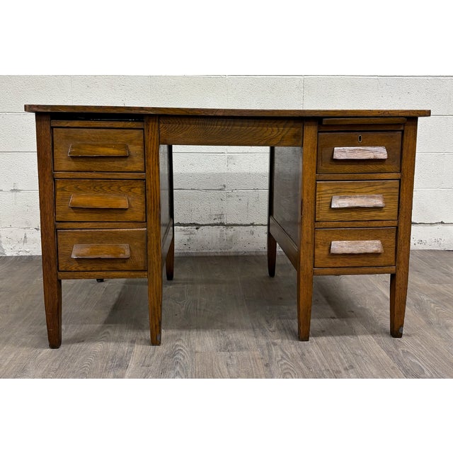 Vintage Arts & Crafts Mission Oak Pedestal Teacher Desk Office Desk Library Desk For Sale In Kansas City - Image 6 of 14