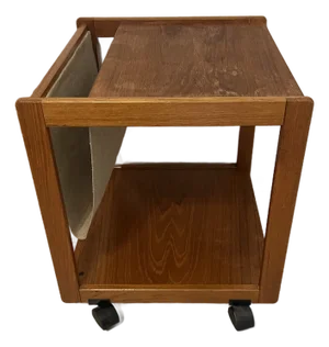 Mid Century Modern 1970s Danish FBJ Mobler Teak Side Table With a Fabric Magazine Rack and Casters