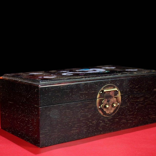 Wood Vintage Chinese Rosewood Jewelry Box With Mother of Pearl Inlay & Ruyi Motif For Sale - Image 7 of 9
