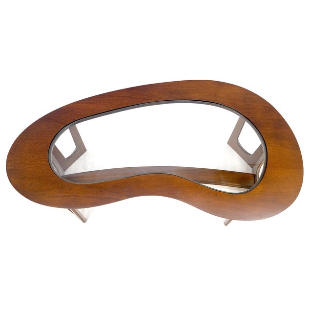 Oiled Walnut Boomerang Kidney Shape Glass Top Stretcher Base Coffee Table Mint! For Sale - Image 6 of 15
