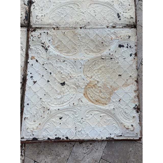 Salvage Tin Ceiling Tiles – Ornate Scroll & Diamond Lattice Design – Original Architectural Victorian Antique For Sale - Image 4 of 12