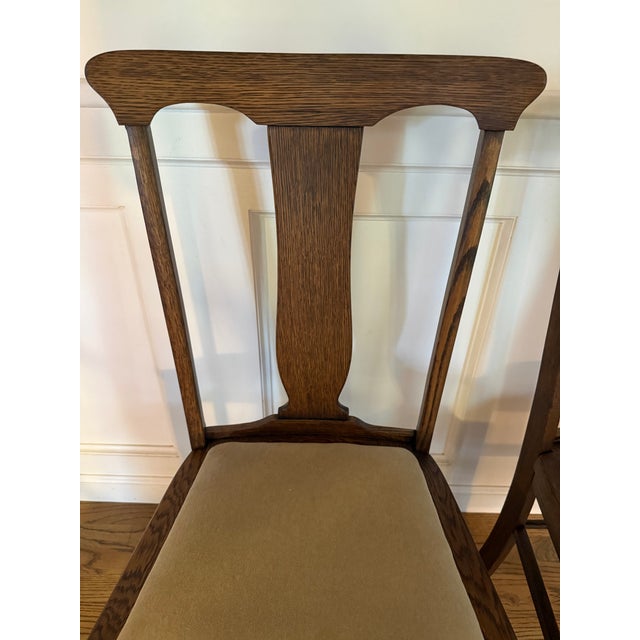 Early 20th Century Pair of Antique Oak Dining Chairs With New Neutral Upholstery For Sale - Image 5 of 8