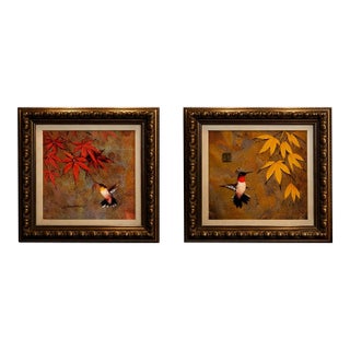 Patrick Guyton “Twilight Maple Red” & “Twilight Maple Yellow” — Mixed Media Metal Leaf Diptych — Signed, Framed, Coa - a Pair) For Sale