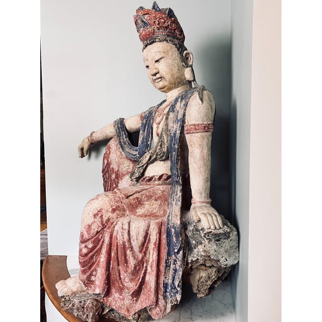 Chinese 18th Century Monumental Chinese Polychromed Seated Guanyin Statute For Sale - Image 3 of 11