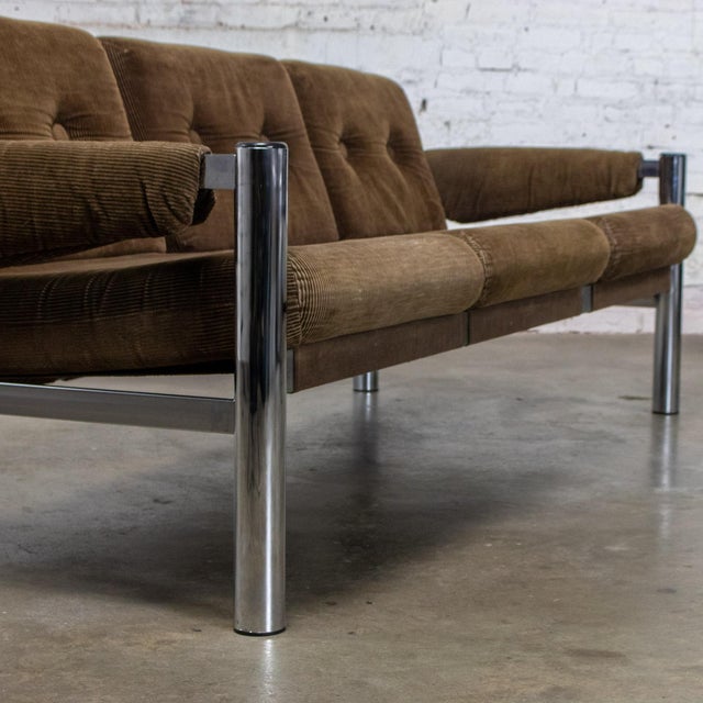 Late 20th Century Modern James David Sling Sofa W/Brown Wide Wale Corduroy Chrome Frame For Sale - Image 16 of 18