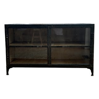 Vintage Industrial Riveted Iron & Glass Display Cabinet / Console For Sale