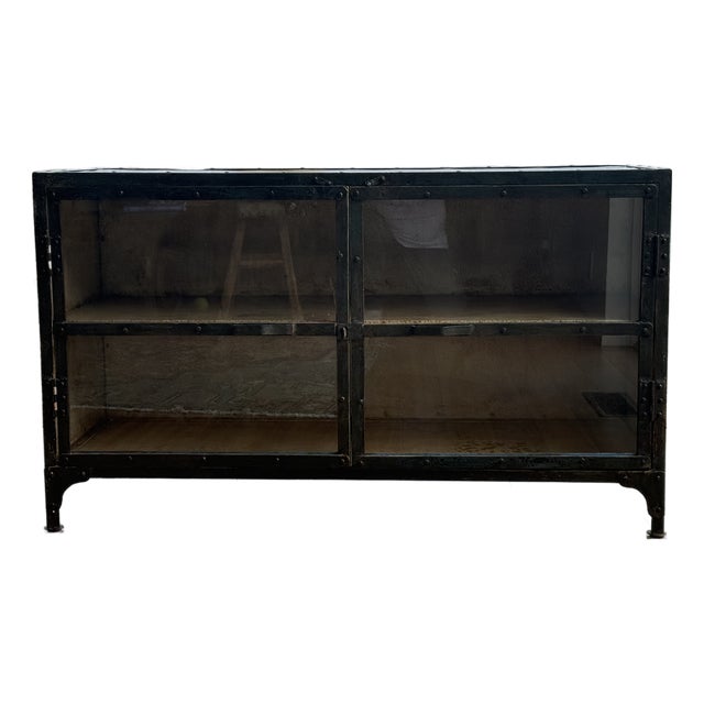 Vintage Industrial Riveted Iron & Glass Display Cabinet / Console For Sale