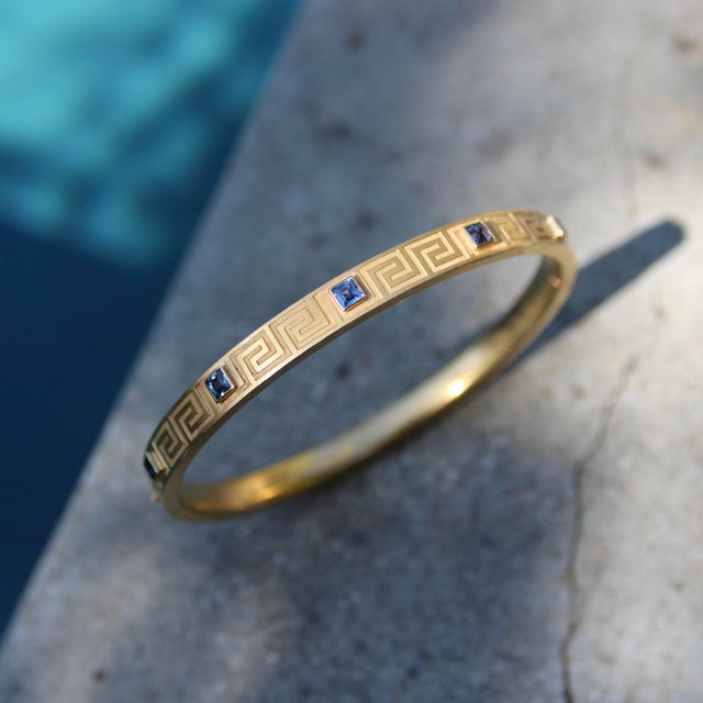 Late 19th Century Victorian 14k Gold Greek Key Design Bracelet With Sapphires For Sale - Image 10 of 11