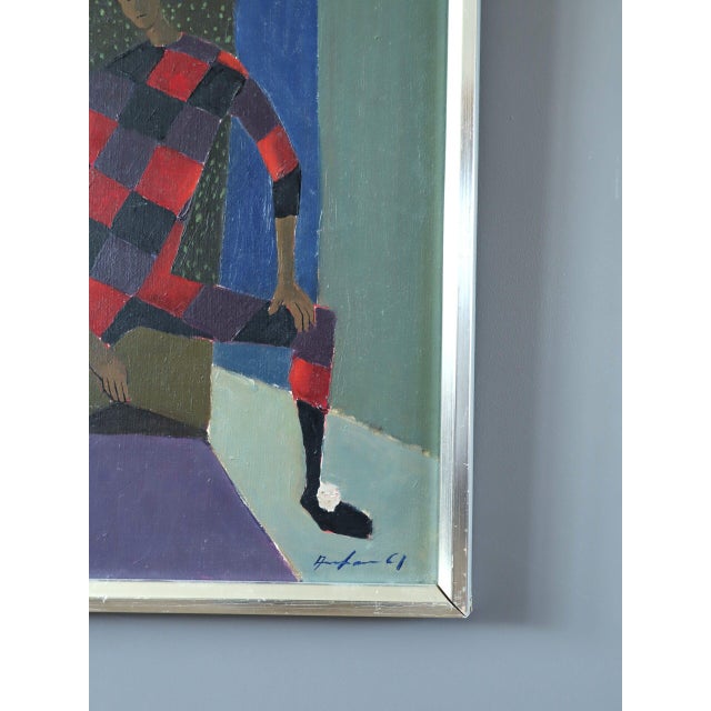 1961 Mid-Century Modern 'Seated Harlequin' Swedish Geometric Figurative Oil Painting, Framed For Sale - Image 6 of 10