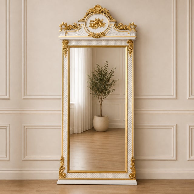 Make an unforgettable statement with this magnificent French Neoclassical floor mirror, beautifully crafted with an...
