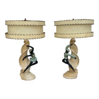 Pair of 1950s Figural Table Lamps With the Original Shades For Sale
