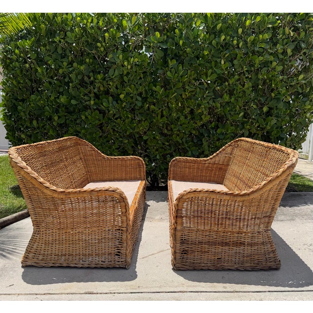 Bielecky Brothers Vintage 72” Handwoven Rattan Sofas With Large Braid Trim, Pair For Sale - Image 4 of 17