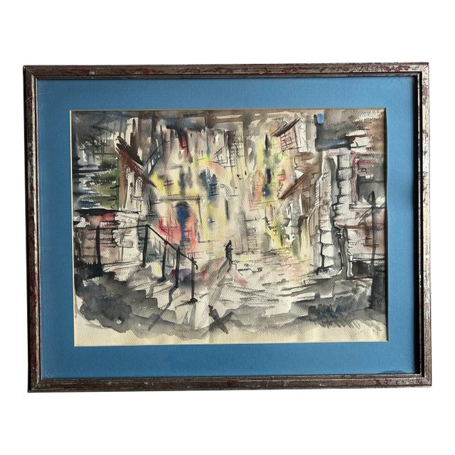Vintage 1960’s Framed Original Abstract Watercolor of a Street Scene For Sale