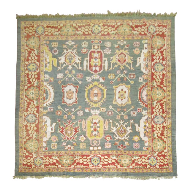 Early 21st Century Green Turkish Square Oushak Rug - 11'2" x 12'3" For Sale
